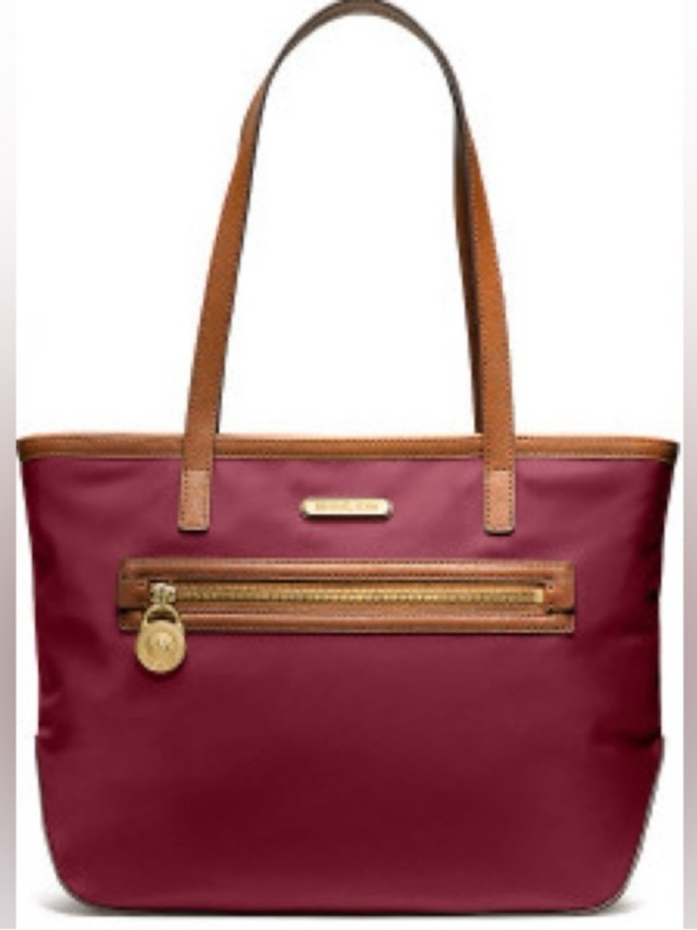 Michael Kors Kempton Beige Nylon Zippered Tote Bag Logo Large Burgandy - Picture 2 of 9